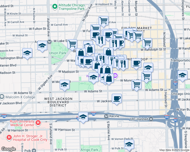 map of restaurants, bars, coffee shops, grocery stores, and more near 1237 West Madison Street in Chicago
