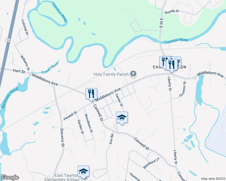map of restaurants, bars, coffee shops, grocery stores, and more near 308 Middleboro Avenue in Taunton