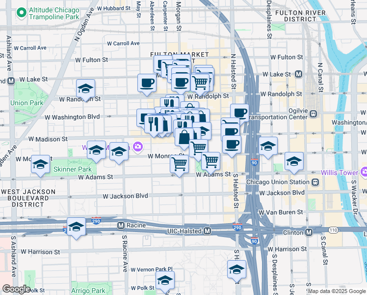map of restaurants, bars, coffee shops, grocery stores, and more near 43 South Morgan Street in Chicago