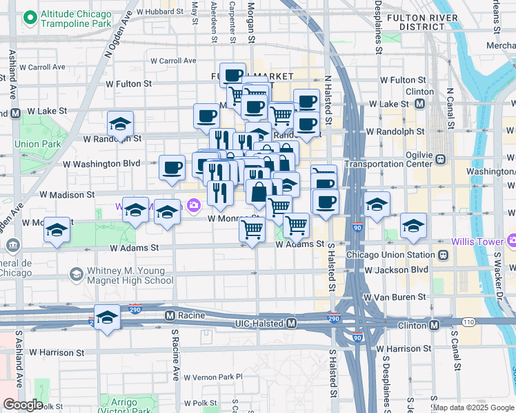 map of restaurants, bars, coffee shops, grocery stores, and more near 41 South Morgan Street in Chicago