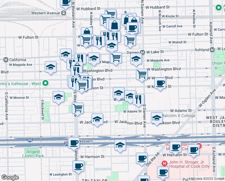 map of restaurants, bars, coffee shops, grocery stores, and more near 2150 West Madison Street in Chicago