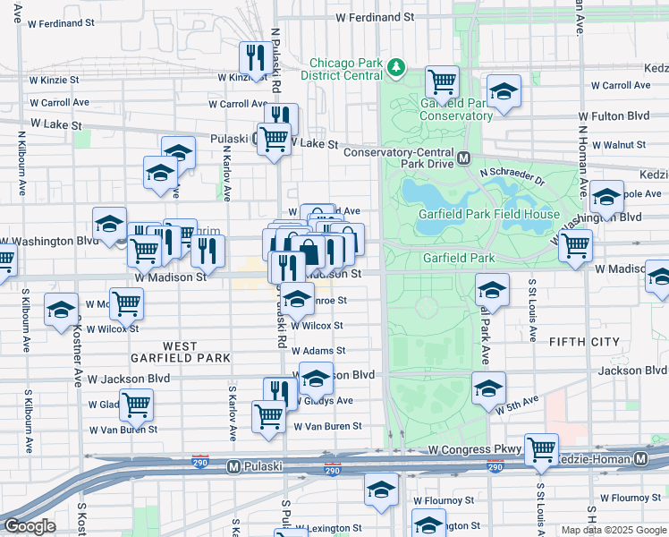 map of restaurants, bars, coffee shops, grocery stores, and more near 3849 West Washington Boulevard in Chicago