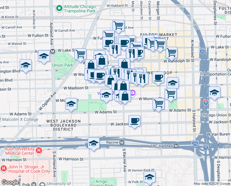 map of restaurants, bars, coffee shops, grocery stores, and more near 1237 West Madison Street in Chicago