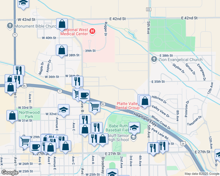 map of restaurants, bars, coffee shops, grocery stores, and more near 19 East 35th Street in Scottsbluff