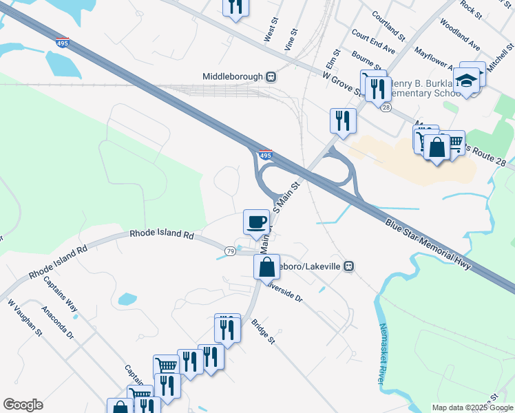 map of restaurants, bars, coffee shops, grocery stores, and more near 1 Rhode Island Road in Middleborough