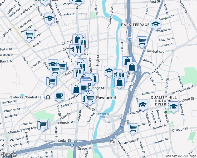 map of restaurants, bars, coffee shops, grocery stores, and more near 221 High Street in Pawtucket