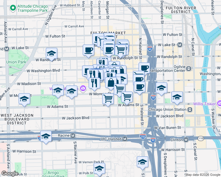map of restaurants, bars, coffee shops, grocery stores, and more near 33 South Morgan Street in Chicago