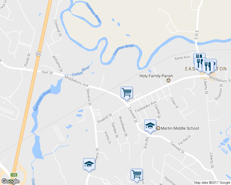 map of restaurants, bars, coffee shops, grocery stores, and more near 170 Middleboro Avenue in Taunton