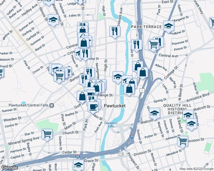 map of restaurants, bars, coffee shops, grocery stores, and more near 221 High Street in Pawtucket