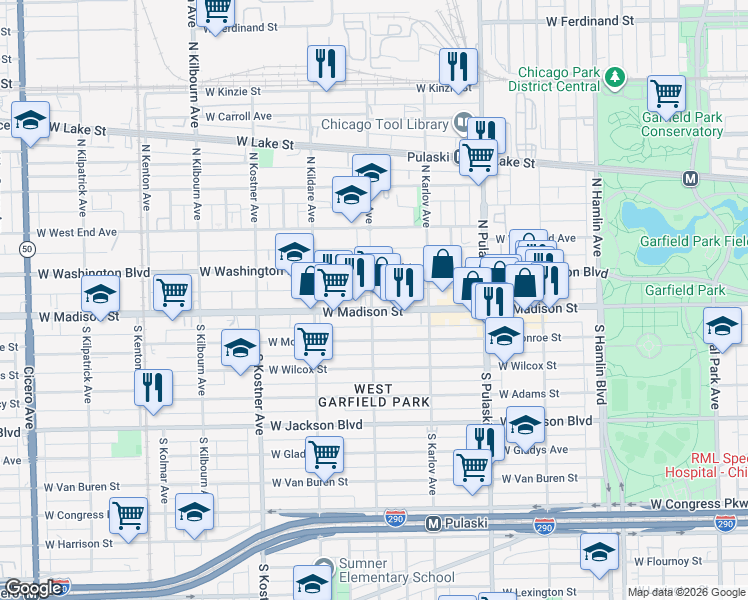 map of restaurants, bars, coffee shops, grocery stores, and more near 3 North Keeler Avenue in Chicago