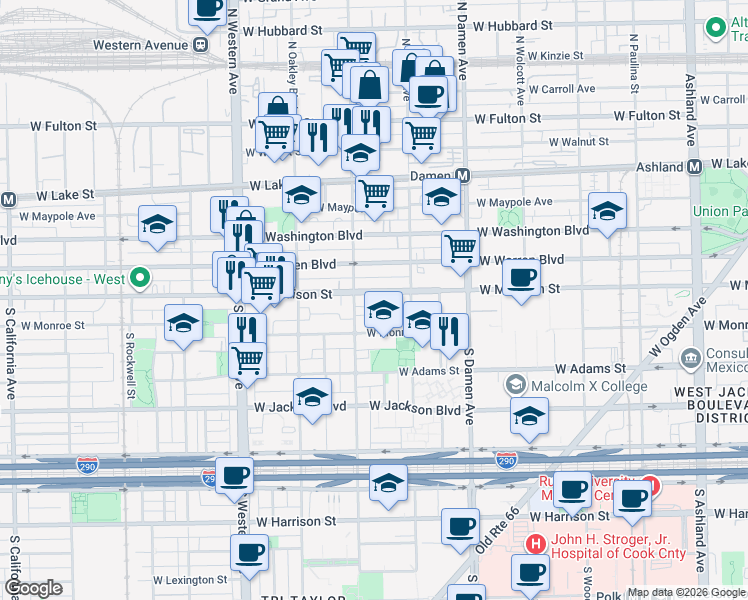 map of restaurants, bars, coffee shops, grocery stores, and more near 2139 West Madison Street in Chicago