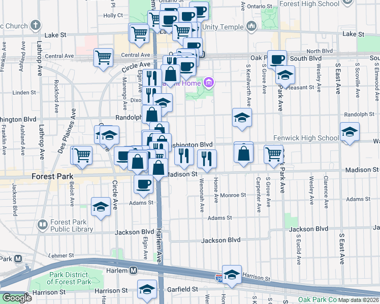 map of restaurants, bars, coffee shops, grocery stores, and more near 410 Wisconsin Avenue in Oak Park