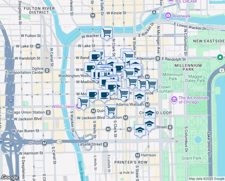 map of restaurants, bars, coffee shops, grocery stores, and more near 100 West Monroe Street in Chicago