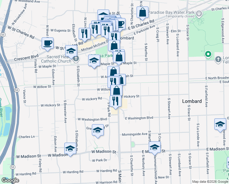 map of restaurants, bars, coffee shops, grocery stores, and more near 330 South Main Street in Lombard
