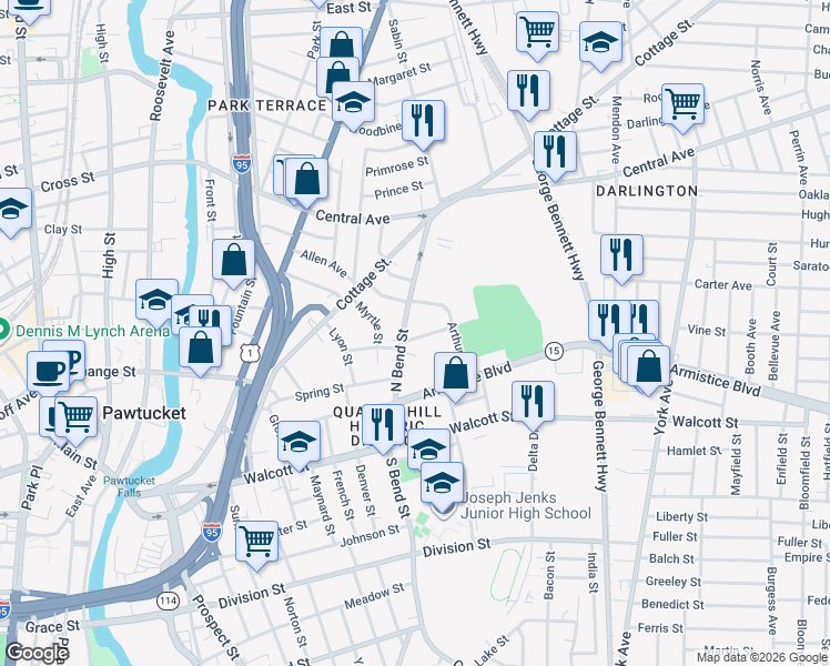 map of restaurants, bars, coffee shops, grocery stores, and more near 100 Arthur Street in Pawtucket