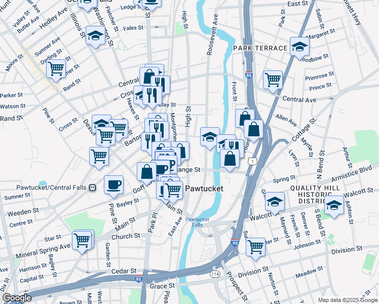 map of restaurants, bars, coffee shops, grocery stores, and more near 60 Saint Marys Way in Pawtucket