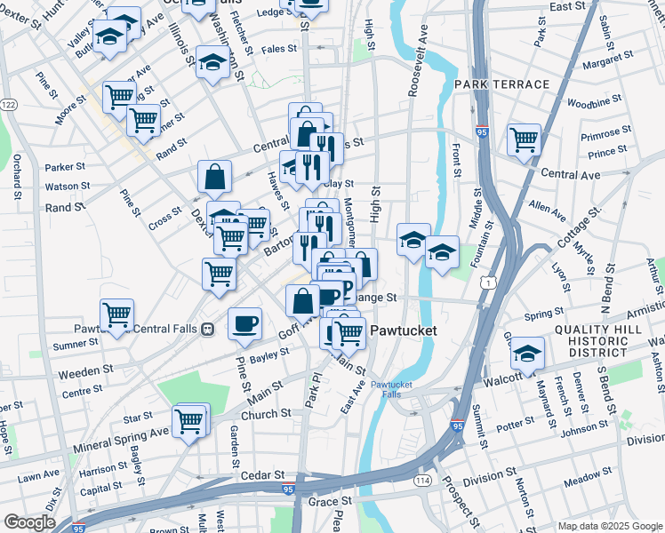 map of restaurants, bars, coffee shops, grocery stores, and more near 146 Rhode Island 114 in Pawtucket