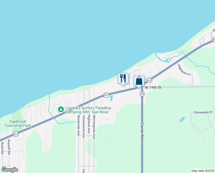 map of restaurants, bars, coffee shops, grocery stores, and more near 1019 Lake Road West in Conneaut