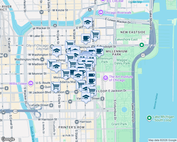 map of restaurants, bars, coffee shops, grocery stores, and more near 60 East Monroe Street in Chicago
