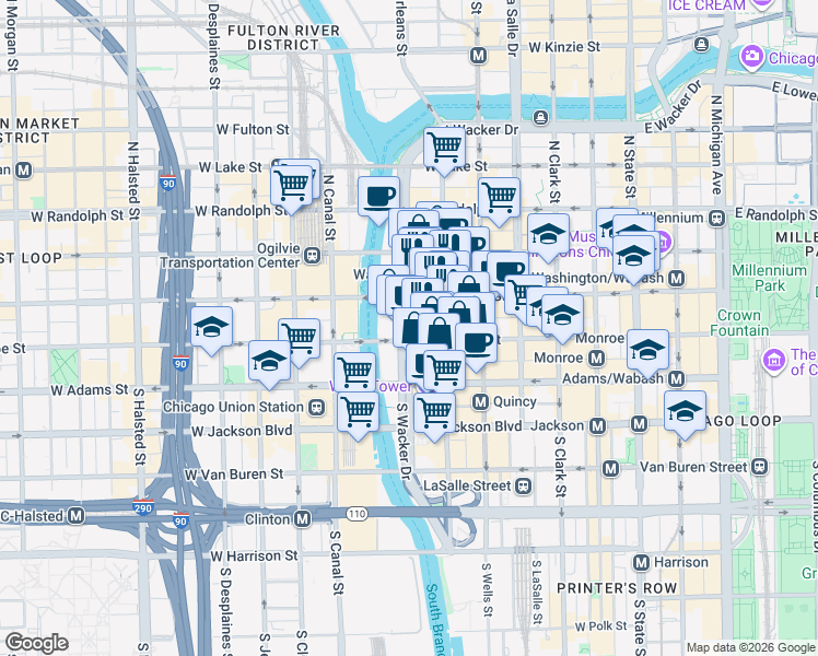 map of restaurants, bars, coffee shops, grocery stores, and more near One South Wacker Drive in Chicago