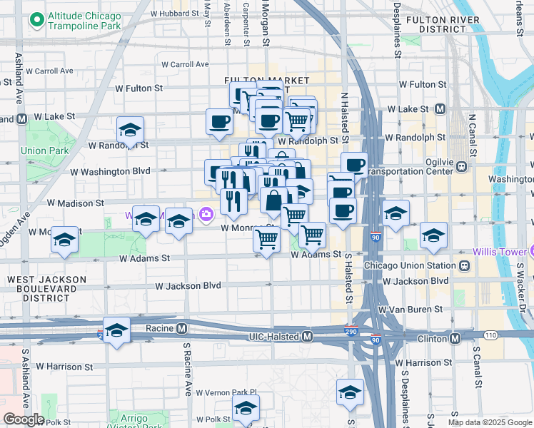 map of restaurants, bars, coffee shops, grocery stores, and more near 1015 West Madison Street in Chicago