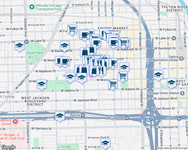 map of restaurants, bars, coffee shops, grocery stores, and more near 1131 West Madison Street in Chicago