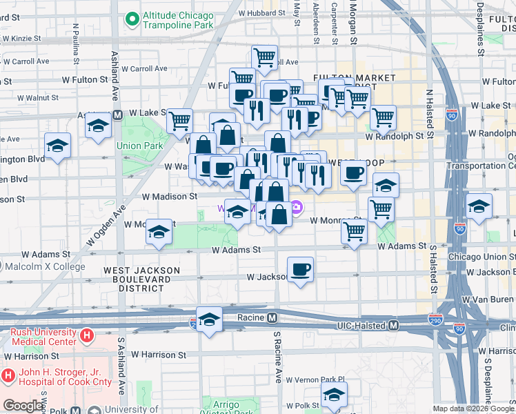 map of restaurants, bars, coffee shops, grocery stores, and more near 1237 West Madison Street in Chicago