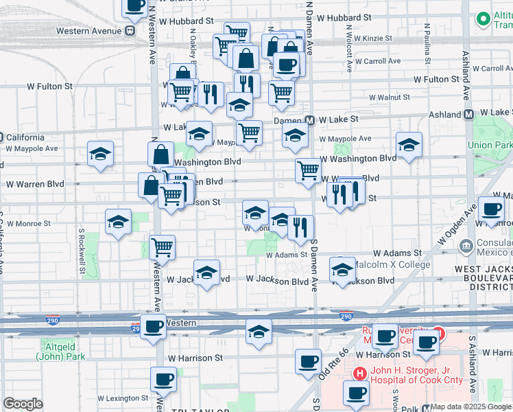 map of restaurants, bars, coffee shops, grocery stores, and more near 2100 West Madison Street in Chicago