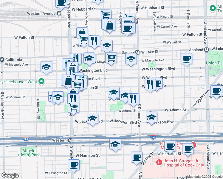 map of restaurants, bars, coffee shops, grocery stores, and more near 2150 West Madison Street in Chicago