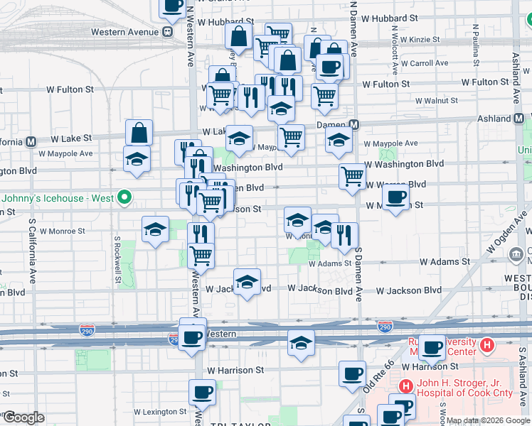 map of restaurants, bars, coffee shops, grocery stores, and more near 2224 West Madison Street in Chicago