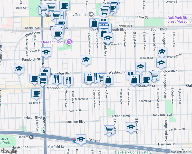 map of restaurants, bars, coffee shops, grocery stores, and more near 853 Washington Boulevard in Oak Park