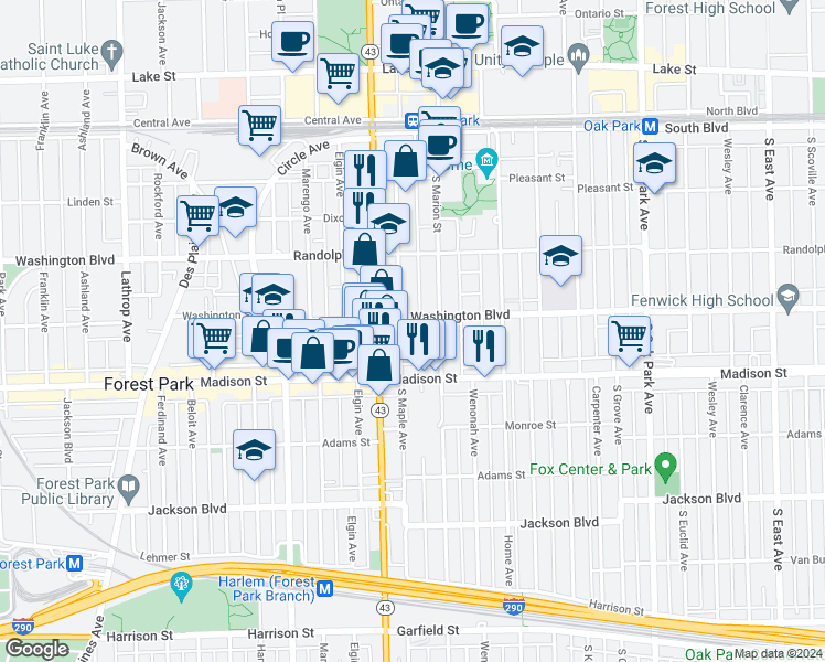map of restaurants, bars, coffee shops, grocery stores, and more near 344 South Maple Avenue in Oak Park