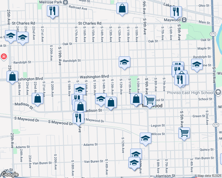 map of restaurants, bars, coffee shops, grocery stores, and more near 624 South 13th Avenue in Maywood