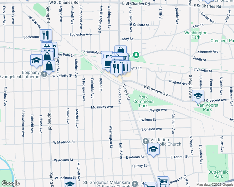 map of restaurants, bars, coffee shops, grocery stores, and more near 606 Euclid Avenue in Elmhurst