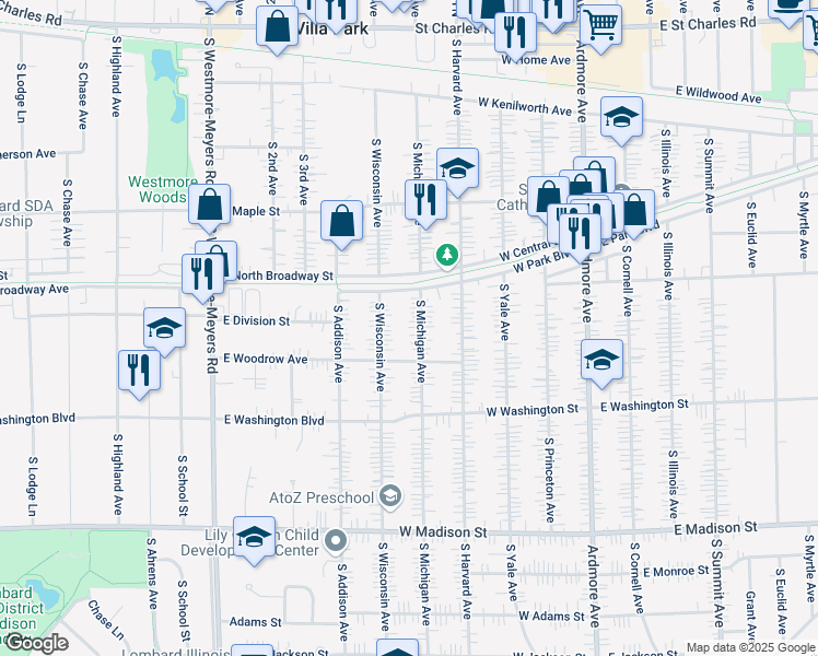map of restaurants, bars, coffee shops, grocery stores, and more near 414 South Michigan Avenue in Villa Park