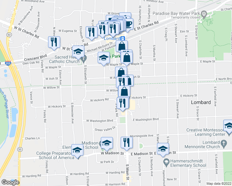 map of restaurants, bars, coffee shops, grocery stores, and more near 110 West Willow Street in Lombard