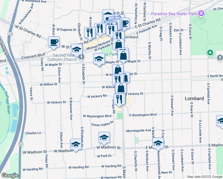 map of restaurants, bars, coffee shops, grocery stores, and more near 110 West Willow Street in Lombard