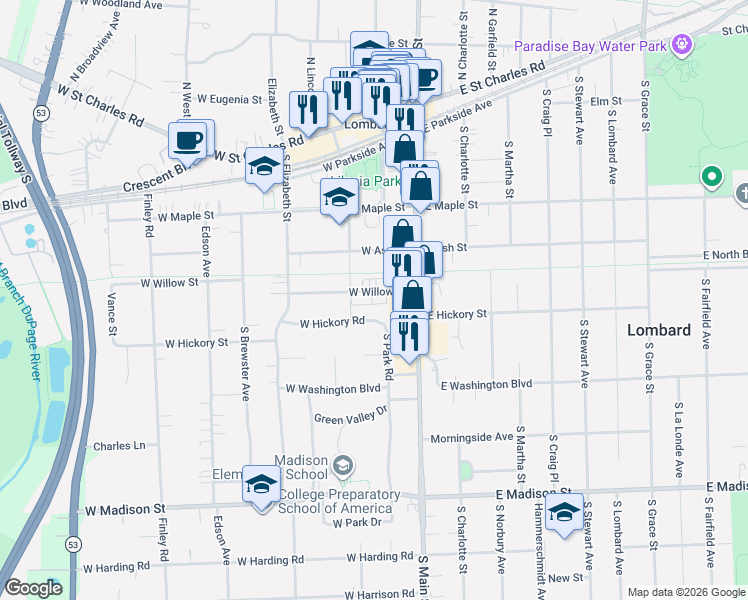 map of restaurants, bars, coffee shops, grocery stores, and more near 110 West Willow Street in Lombard