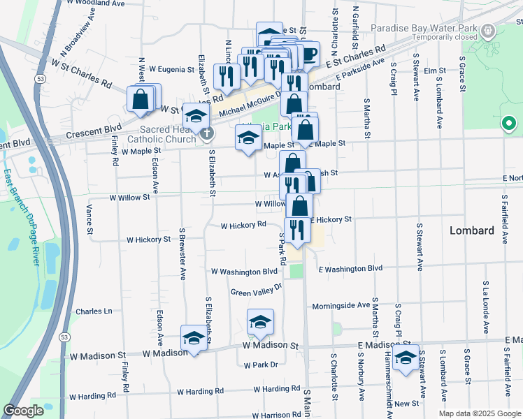map of restaurants, bars, coffee shops, grocery stores, and more near 206 West Willow Street in Lombard