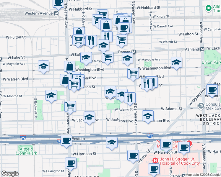 map of restaurants, bars, coffee shops, grocery stores, and more near 2100 West Madison Street in Chicago