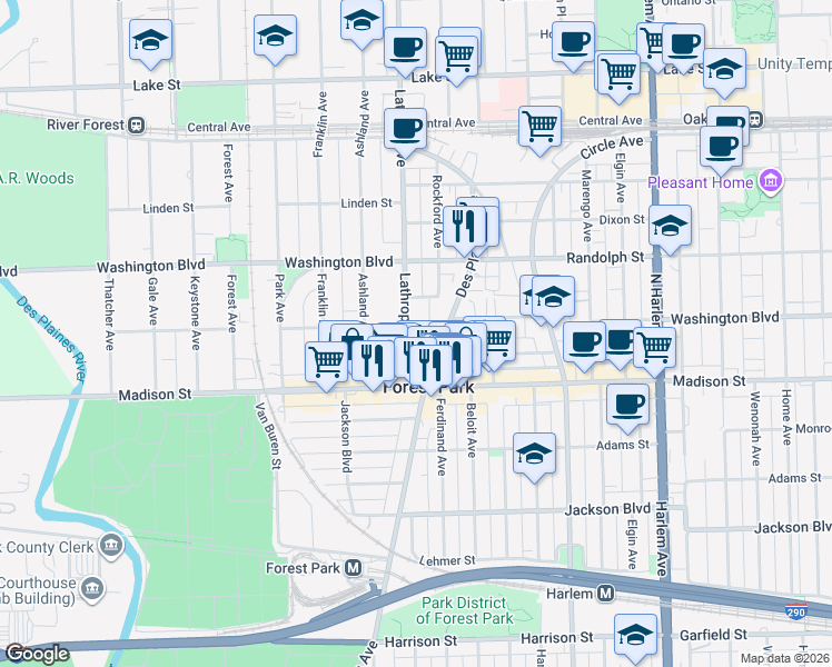 map of restaurants, bars, coffee shops, grocery stores, and more near 310 Lathrop Avenue in Forest Park