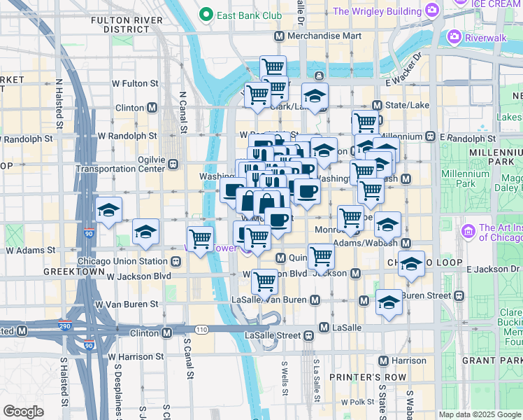 map of restaurants, bars, coffee shops, grocery stores, and more near 229 West Madison Street in Chicago