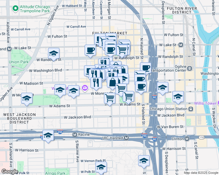map of restaurants, bars, coffee shops, grocery stores, and more near 1015 West Madison Street in Chicago