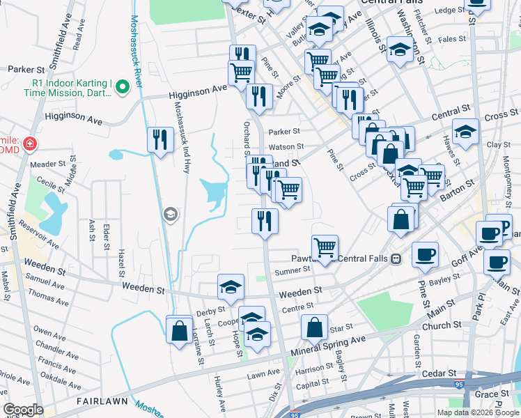 map of restaurants, bars, coffee shops, grocery stores, and more near 465 Lonsdale Avenue in Pawtucket