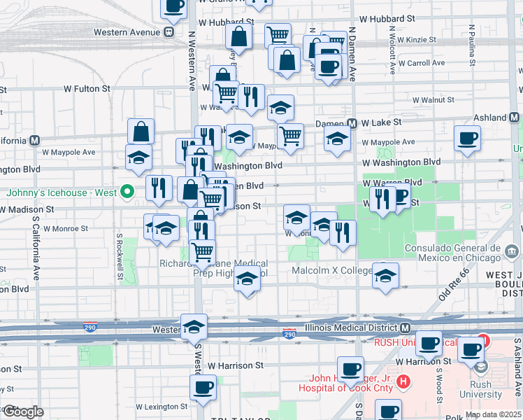 map of restaurants, bars, coffee shops, grocery stores, and more near 2224 West Madison Street in Chicago