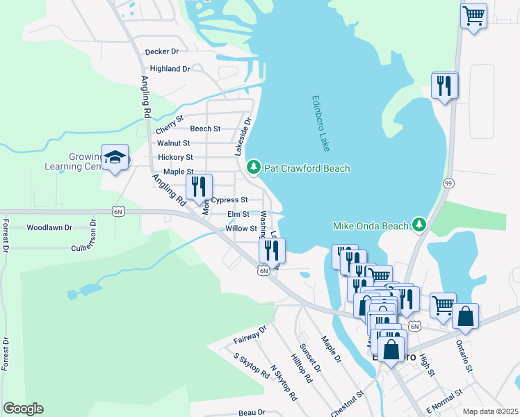 map of restaurants, bars, coffee shops, grocery stores, and more near 100 Cypress Street in Edinboro