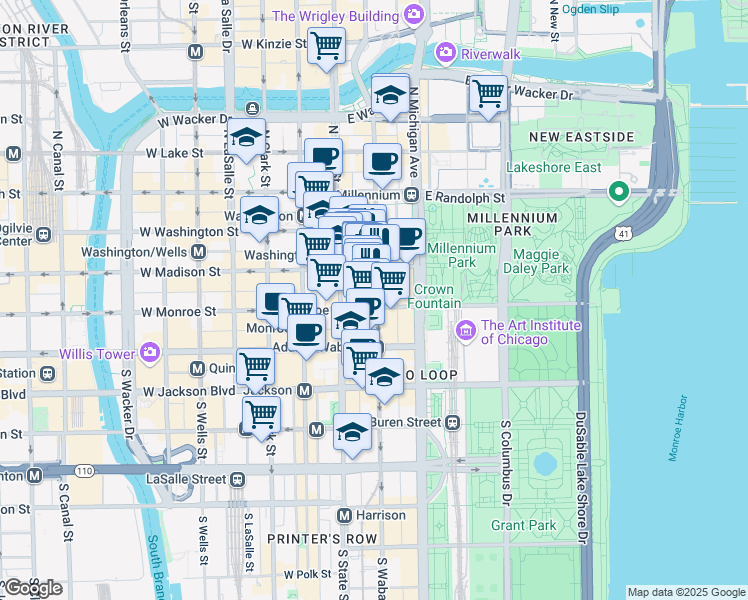 map of restaurants, bars, coffee shops, grocery stores, and more near 36 South Wabash Avenue in Chicago