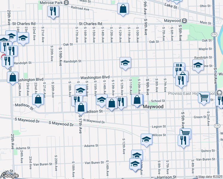 map of restaurants, bars, coffee shops, grocery stores, and more near 624 South 13th Avenue in Maywood