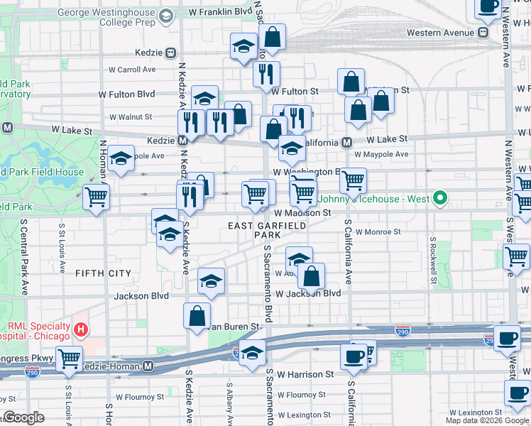 map of restaurants, bars, coffee shops, grocery stores, and more near West Madison Street in Chicago