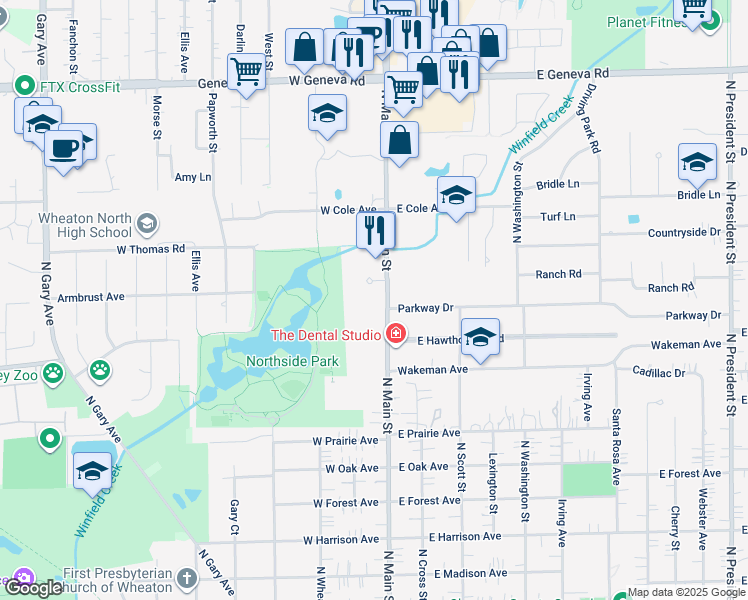 map of restaurants, bars, coffee shops, grocery stores, and more near 1604 North Main Street in Wheaton